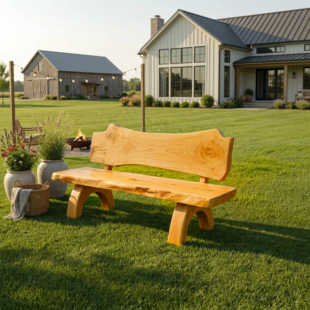 Rustic Live Edge Solid Wood Bench with Backrest for Patio - Image 5