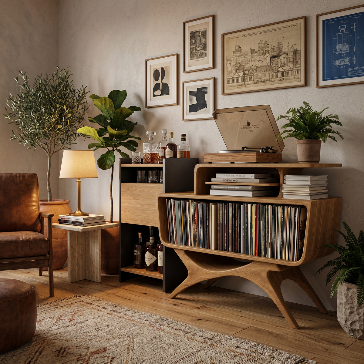 Modern Open Frame Solid Wood Record Player Stand with Vinyl Storage - Image 5
