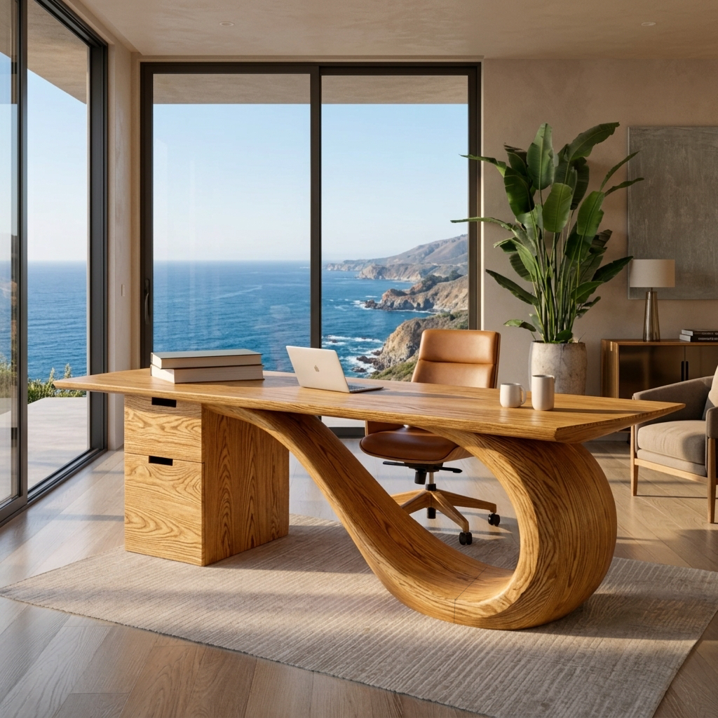 Modern Solid Wood Desk with Curved Sculptural Base and Drawers - Image 5