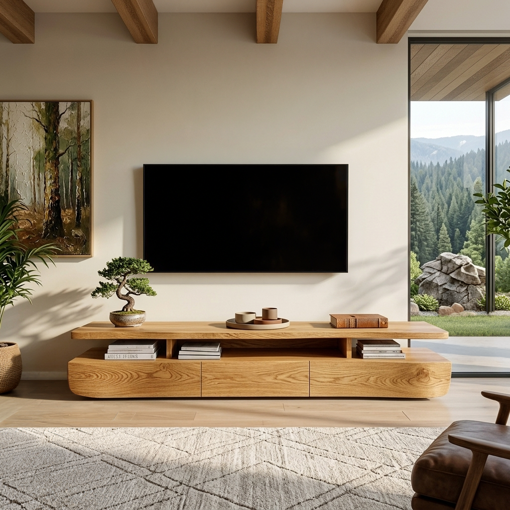 Contemporary Solid Wood TV Cabinet with Storage Drawers and Open Shelf - Image 5