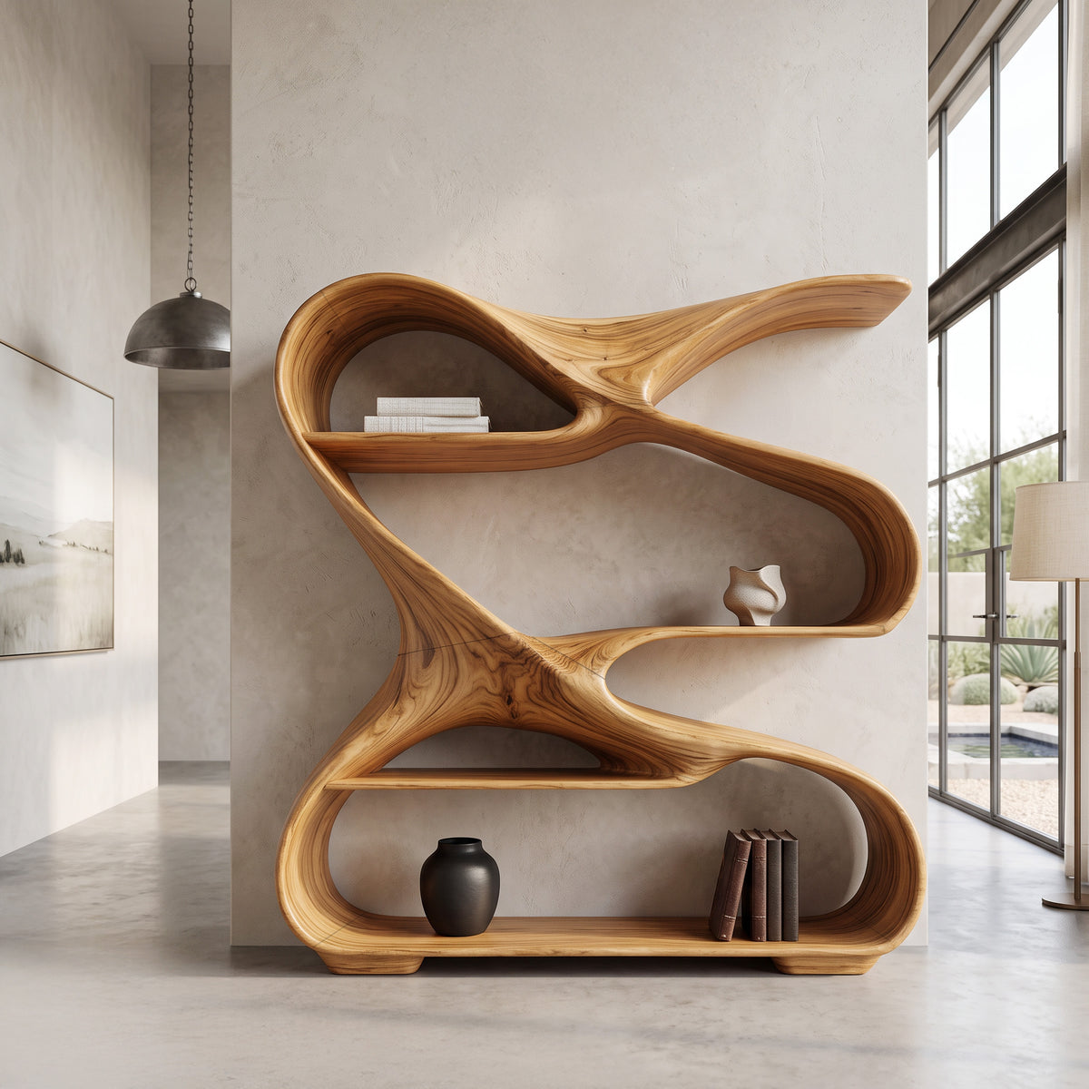 Modern Freeform Sculptural Wood Bookshelf for Office Display - Image 5