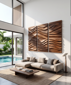 Alternative view of Hand-Carved Hardwood Wave Wall Sculpture for Entryway