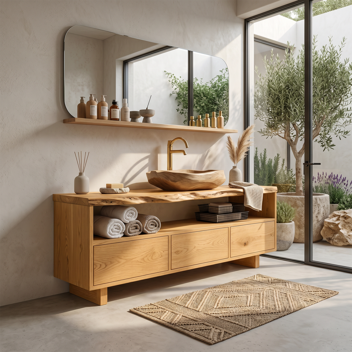 Mid-Century Solid Wood Wall-Mount Bathroom Vanity, Live Edge - Image 5