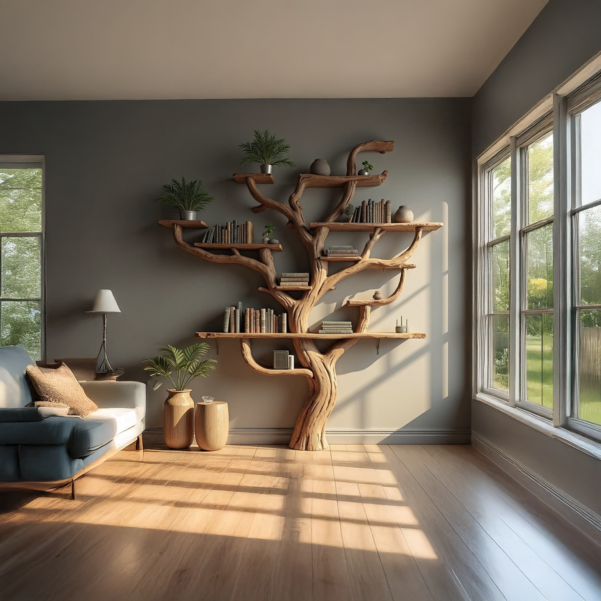 Wall Mounted Tree Branch Corner Bookshelf in Natural Wood - Image 2