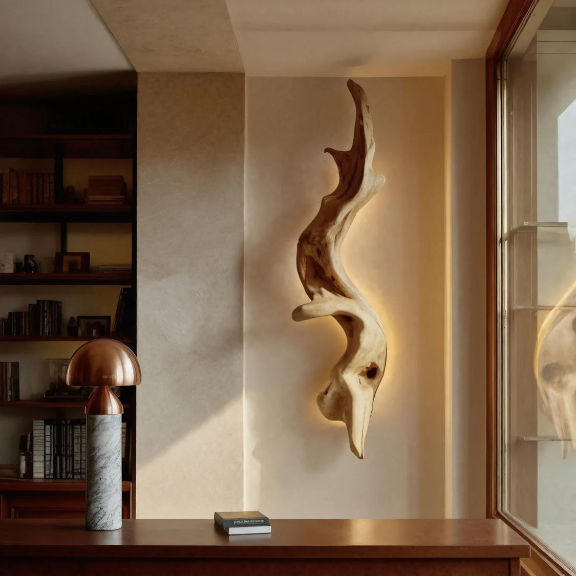 Rustic Organic Solid Wood Wall Lamp Sculpture with Ambient Glow - Image 4