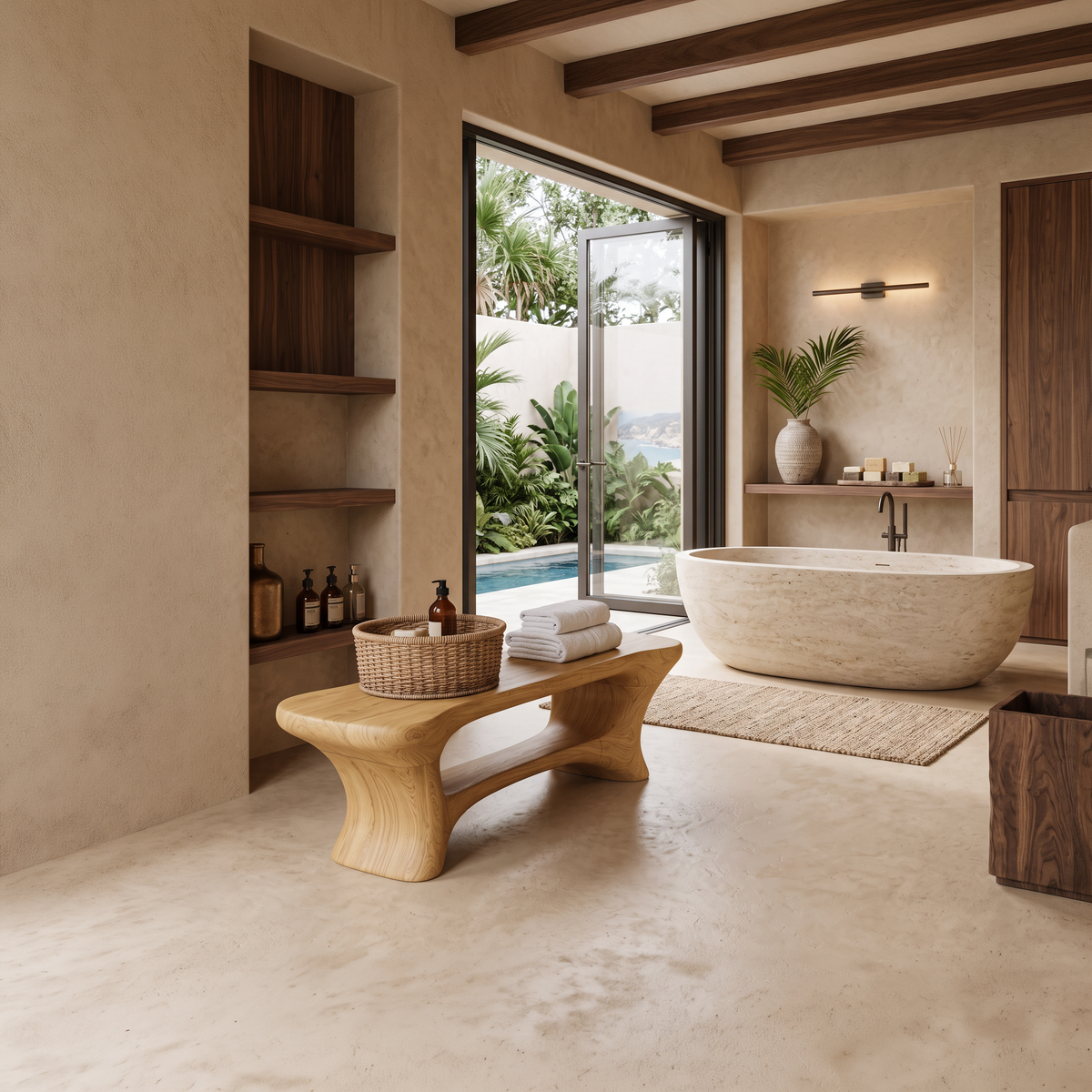 Sculpted Solid Wood Bathroom Bench with Center Shelf - Image 5
