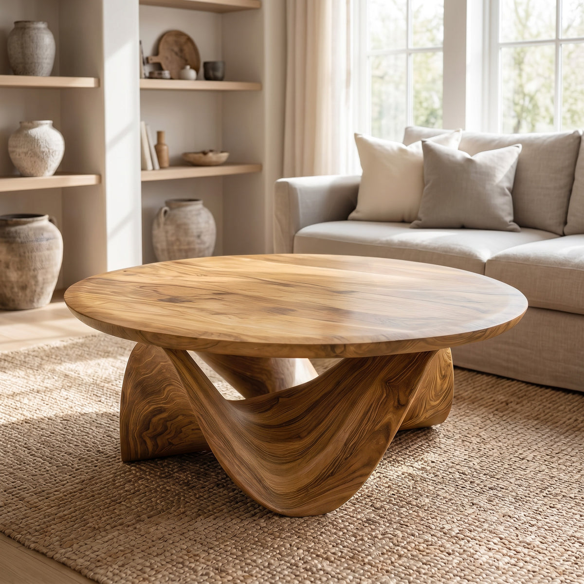 Round Solid Wood Coffee Table with Flowing Sculptural Base - Image 5