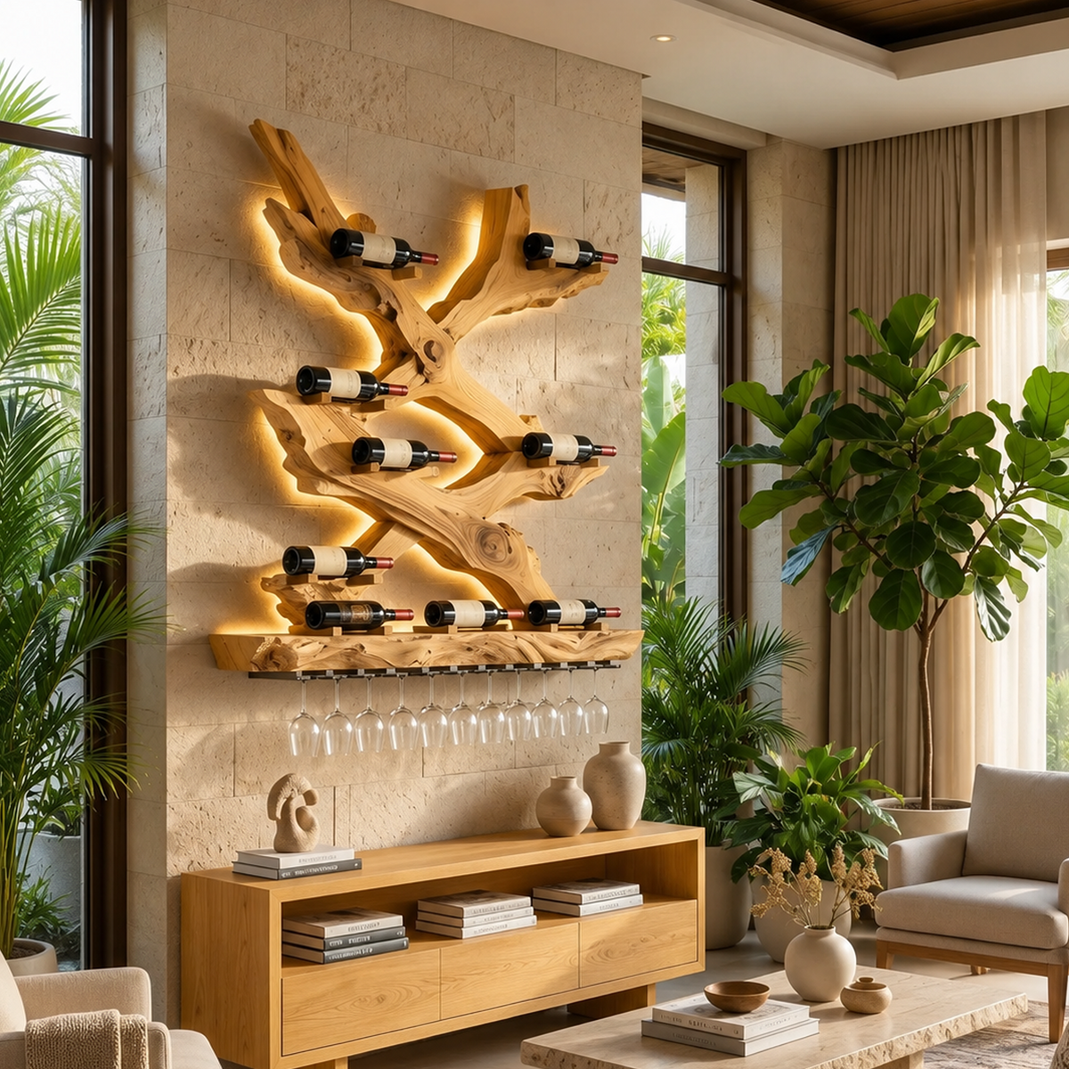 Monkeypod Wood Wall Wine Rack with Mid-Century Rustic Style - Image 5