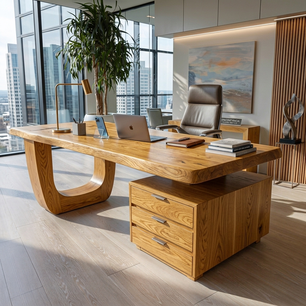 Minimalist Solid Wood Desk with Drawers and Curved Base - Image 5