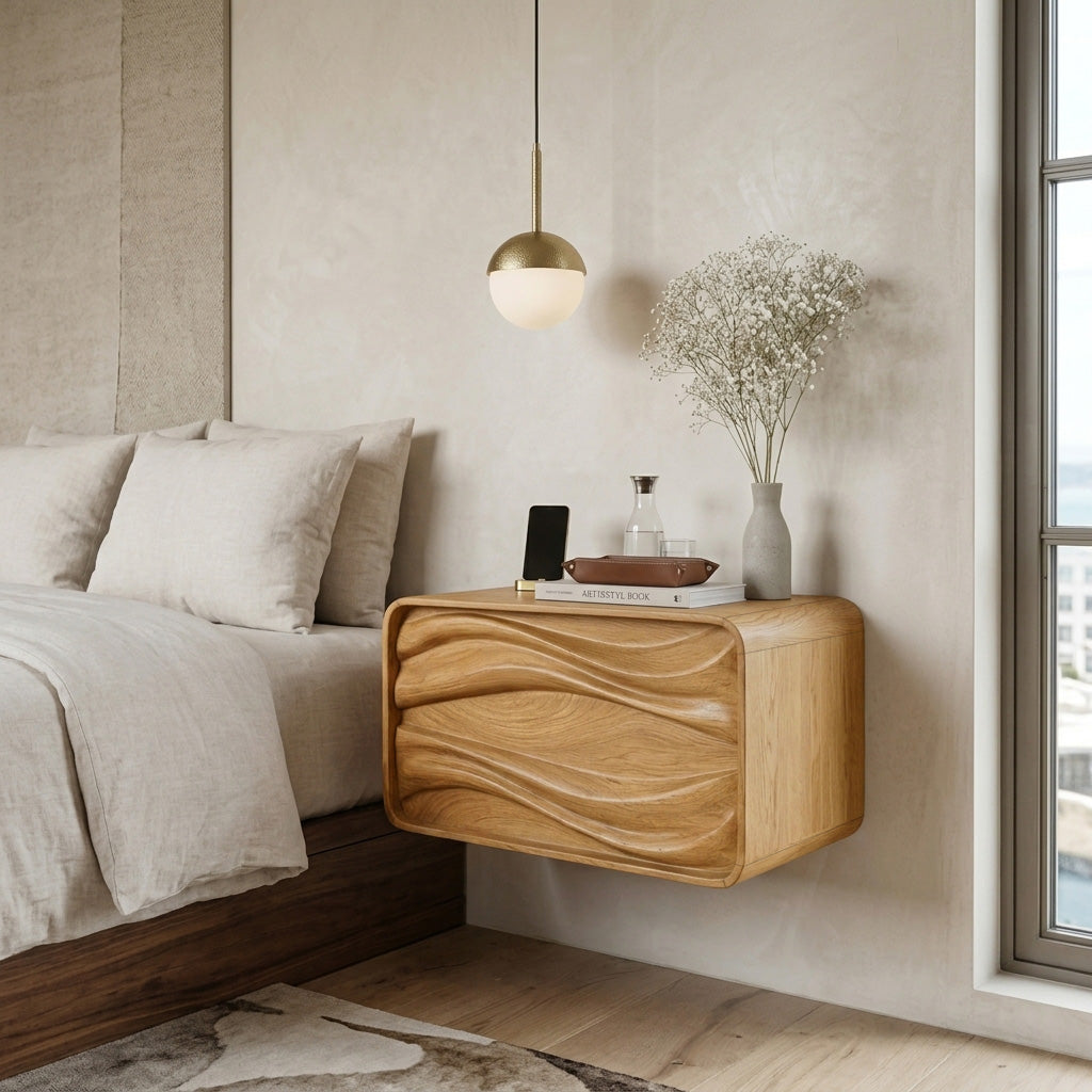 Floating Wall Mounted Nightstand with Carved Wave Drawer - Image 5