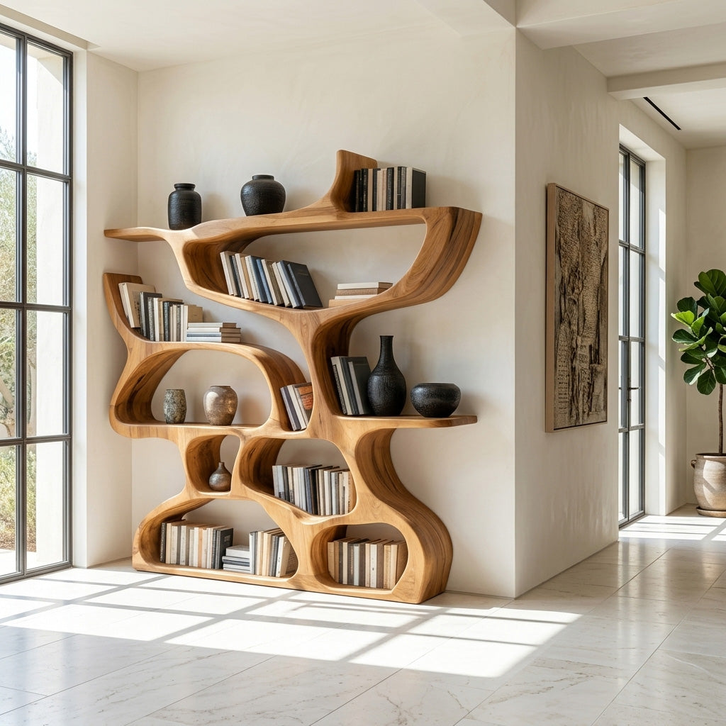 Organic Carved Solid Wood Bookshelf with Open Compartments - Image 5