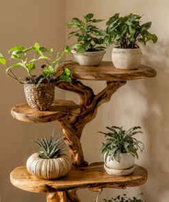 Alternative view of Rustic Solid Wood Tree Plant Shelf with Branch Display Surfaces