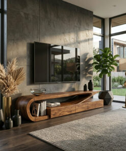 Alternative view of Minimalist Solid Wood TV Console with Drawers and Curved Frame