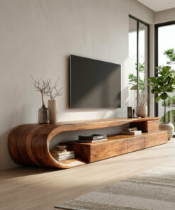 Alternative view of Modern Curved Solid Wood TV Console with Drawers and Open Shelf