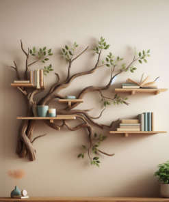 Tree Branch Floating Bookcase with Decorative Leaves