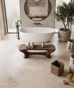 Alternative view of Sculpted Solid Wood Bathroom Bench with Center Shelf