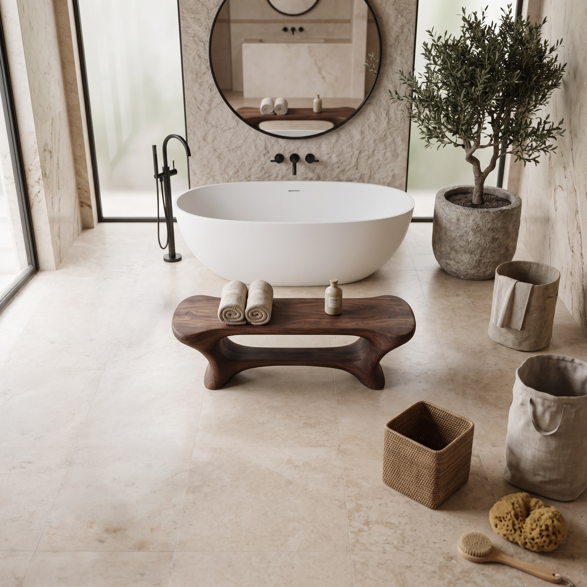 Sculpted Solid Wood Bathroom Bench with Center Shelf - Image 2