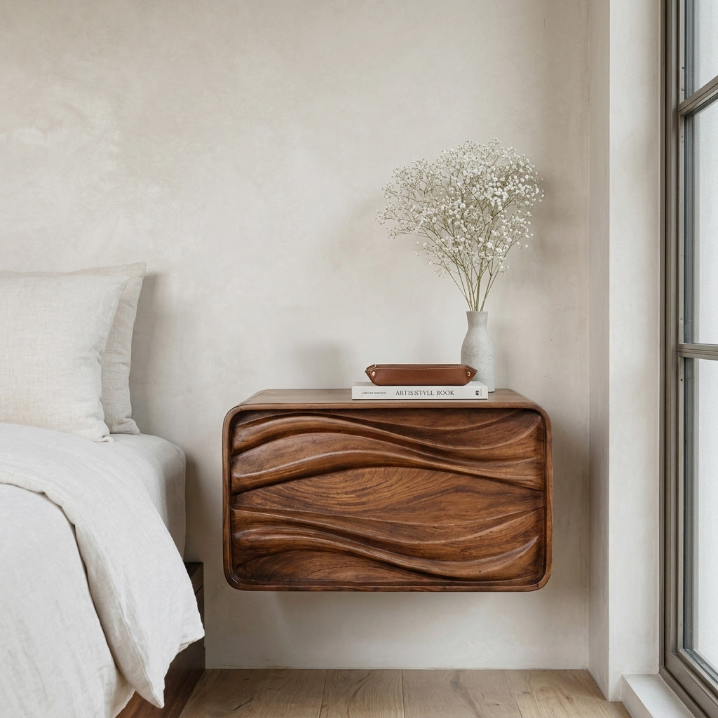 Floating Wall Mounted Nightstand with Carved Wave Drawer - Image 2