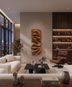 Alternative view of Carved Solid Wood Wall Art Panel with Cascading Curves