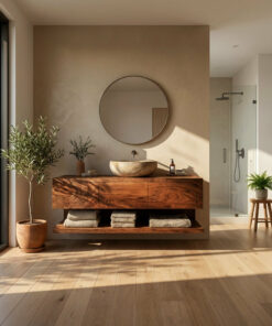 Alternative view of Mid-Century Solid Wood Floating Vanity with Drawers and Shelf