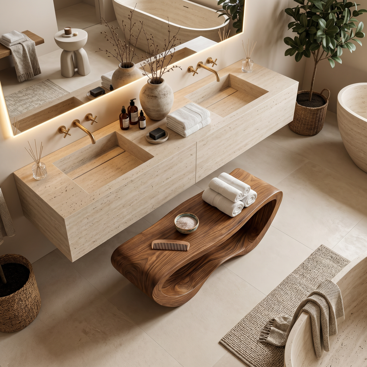 Solid Wood Organic Shower Bench with Open Towel Storage - Image 3