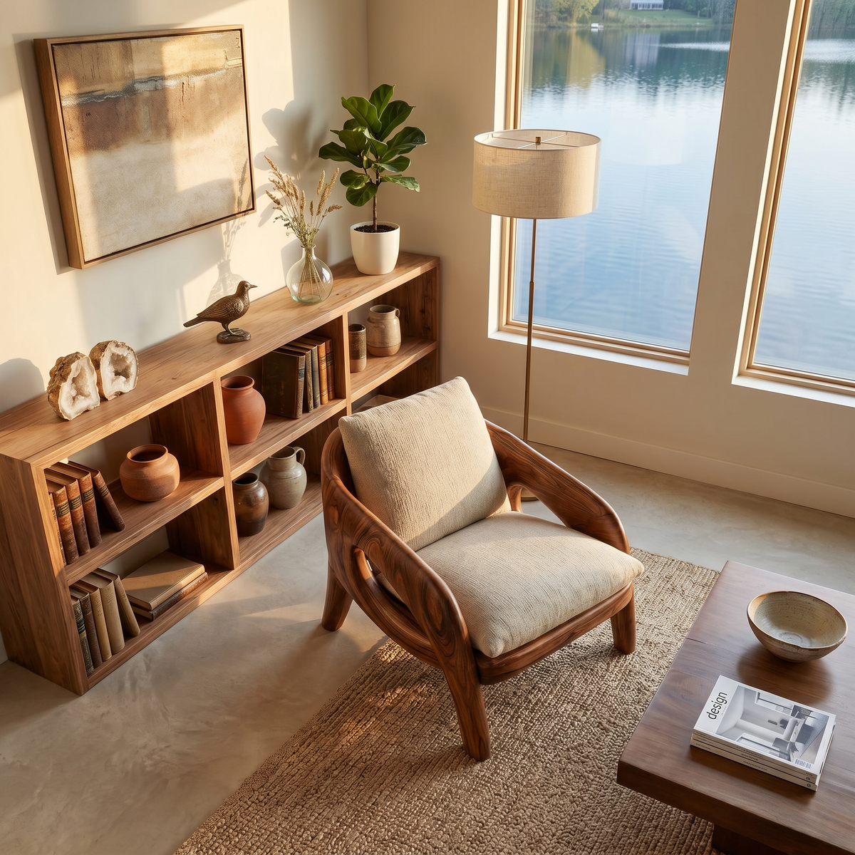 Sculptural Solid Wood Lounge Chair with Upholstered Seat - Image 3