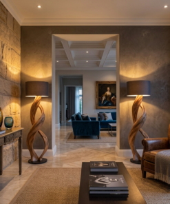 Alternative view of Twisted Solid Wood Sculptural Floor Lamp with Simple Shade