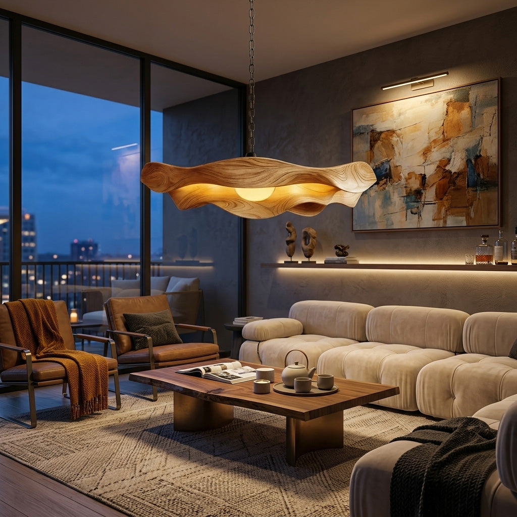 Modern Sculptural Solid Wood Pendant Light with Flowing Contours - Image 2
