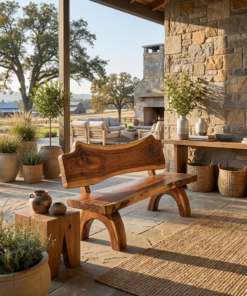 Alternative view of Rustic Live Edge Solid Wood Bench with Backrest for Patio