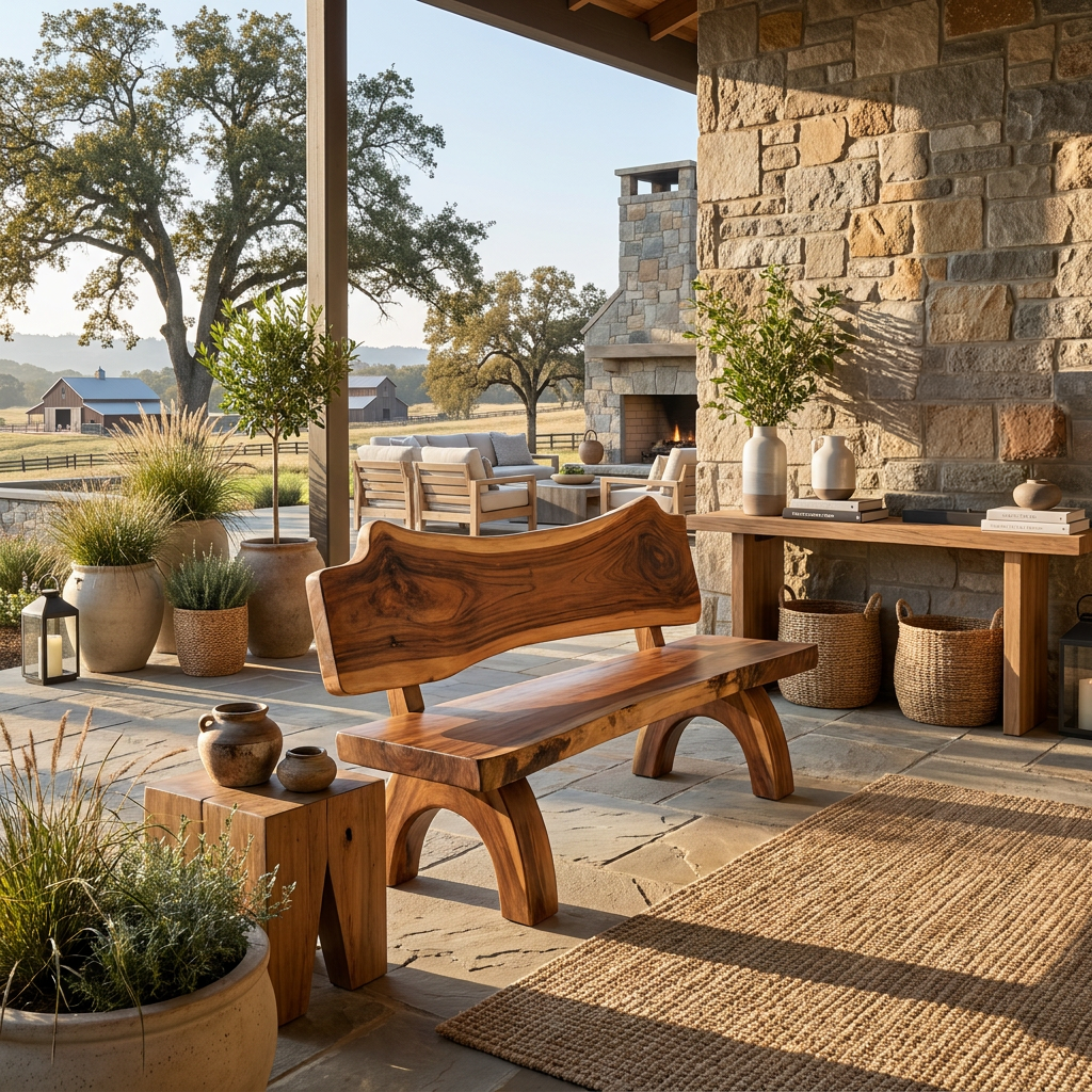 Rustic Live Edge Solid Wood Bench with Backrest for Patio - Image 2