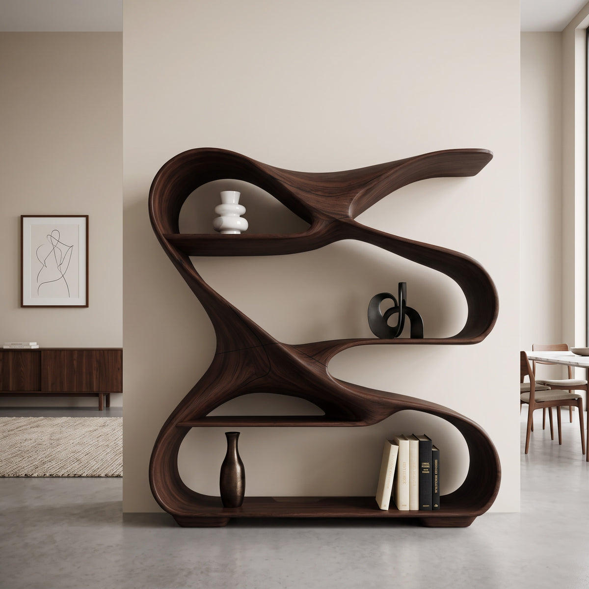 Modern Freeform Sculptural Wood Bookshelf for Office Display - Image 2