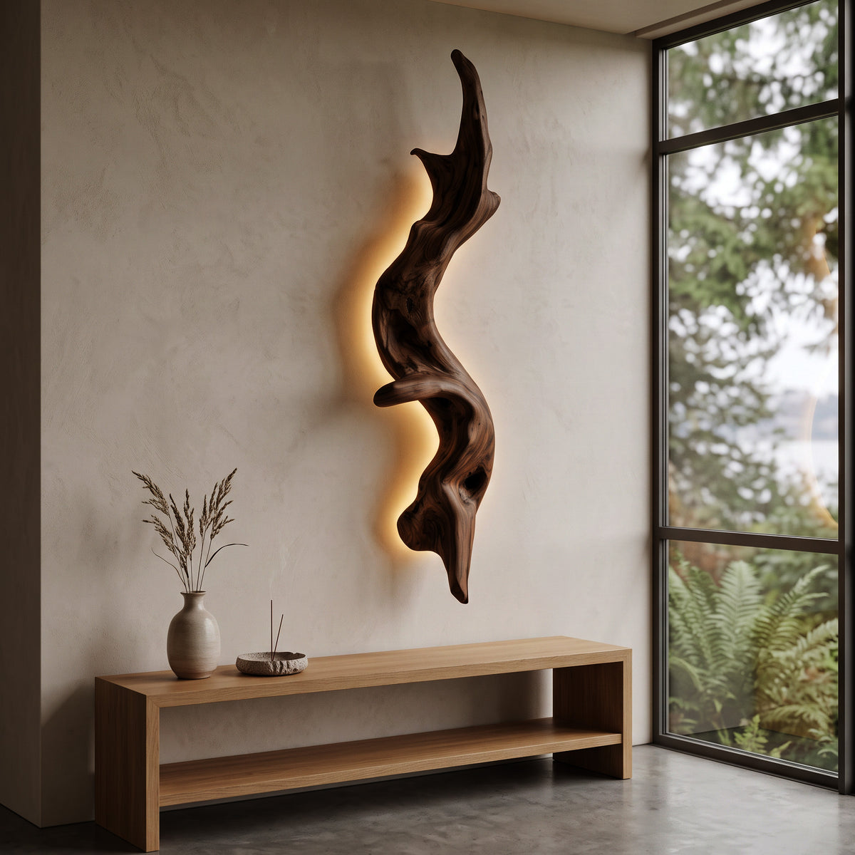 Rustic Organic Solid Wood Wall Lamp Sculpture with Ambient Glow - Image 2