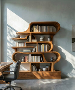 Alternative view of Curved Sculptural Solid Wood Bookshelf with Layered Shelves