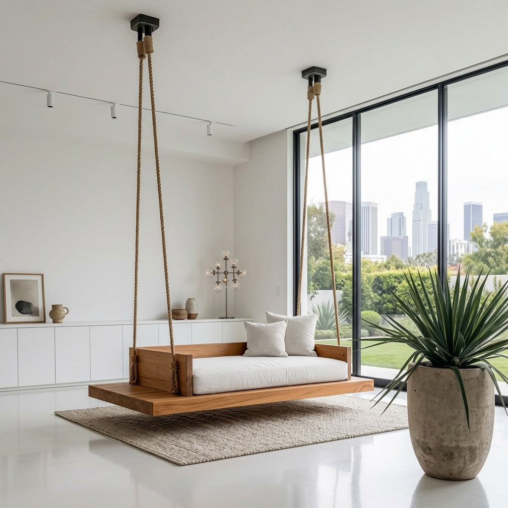 Solid Wood Hanging Ceiling Swing Seat with Natural Edge - Image 2