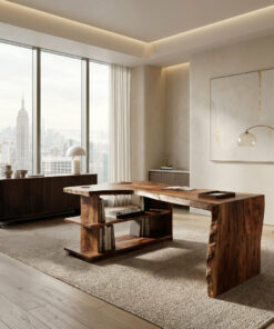 Alternative view of Solid Wood L-Shaped Desk with Built-In Bookshelf and Live Edge