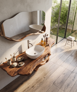 Alternative view of Solid Oak Live Edge Wall-Hung Bathroom Vanity Shelf, Farmhouse