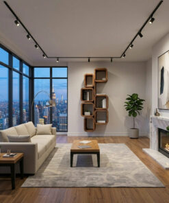 Alternative view of Wall-Mounted Solid Wood Bookshelf with Interlocking Squares