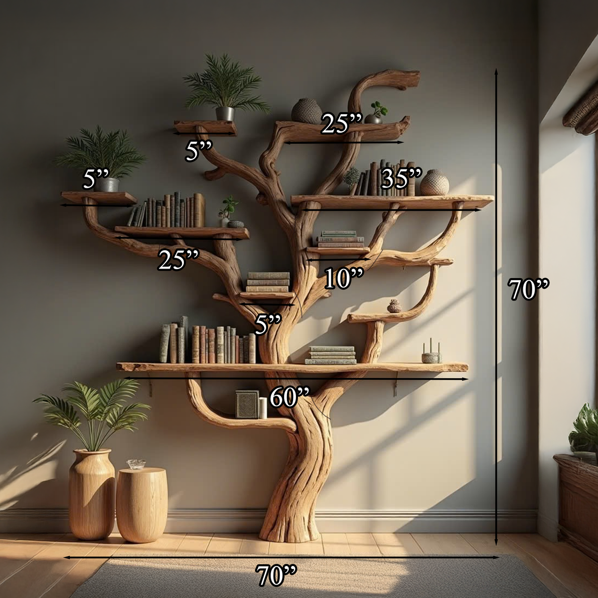 Wall Mounted Tree Branch Corner Bookshelf in Natural Wood - Image 8