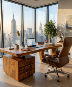 Alternative view of Minimalist Solid Wood Desk with Drawers and Curved Base