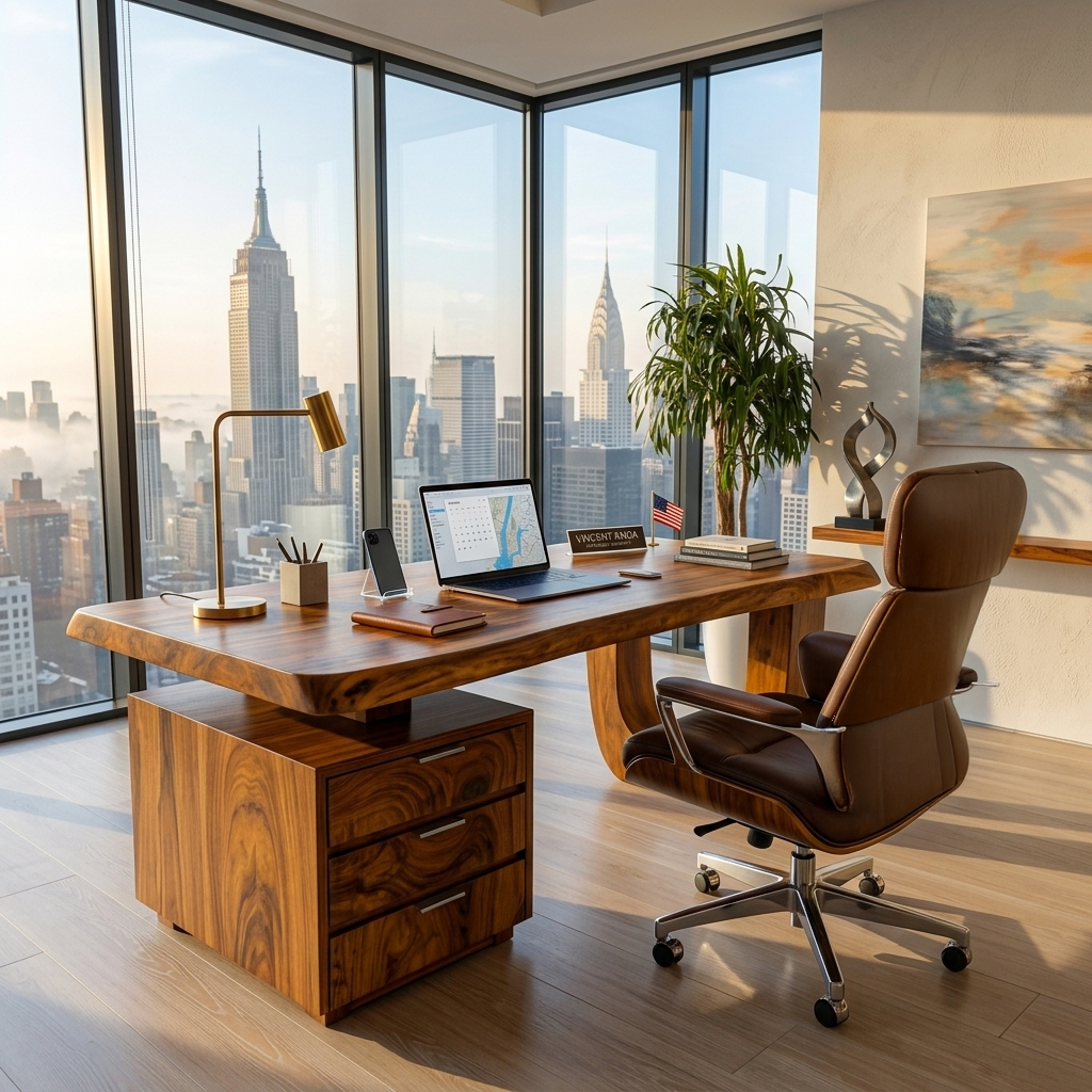 Minimalist Solid Wood Desk with Drawers and Curved Base - Image 2