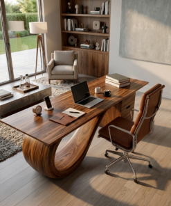 Alternative view of Modern Solid Wood Desk with Curved Sculptural Base and Drawers
