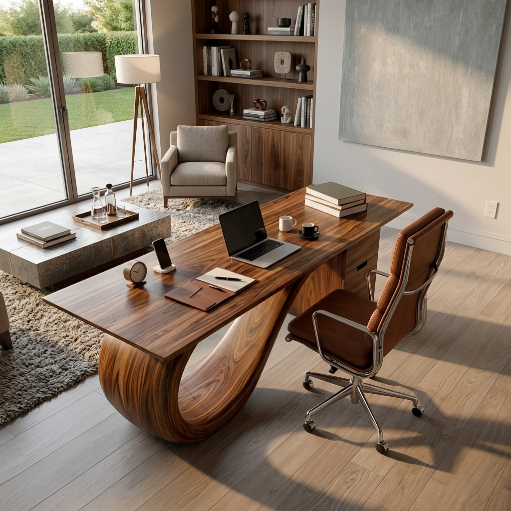 Modern Solid Wood Desk with Curved Sculptural Base and Drawers - Image 2
