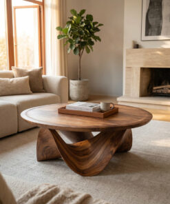Alternative view of Round Solid Wood Coffee Table with Flowing Sculptural Base