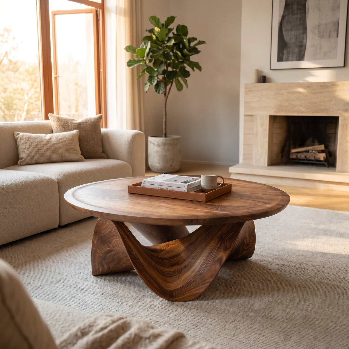 Round Solid Wood Coffee Table with Flowing Sculptural Base - Image 2