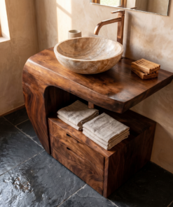 Alternative view of Modern Organic Wood Bathroom Vanity with Open Shelf Cabinet