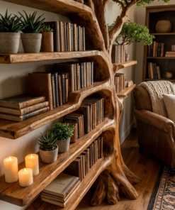 Alternative view of Solid Wood Tree Bookcase with Built-In Reading Bench