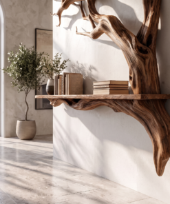 Alternative view of Rustic Solid Wood Slab Wall Shelf with Tree Branch Accent