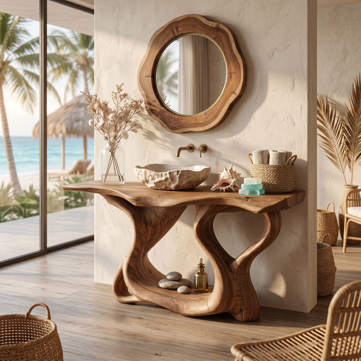 Rustic Solid Wood Bathroom Vanity with Waterproof PU Finish - Image 3