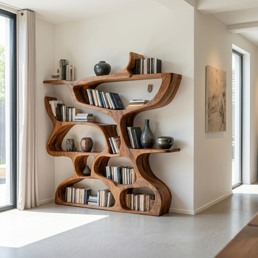 Organic Carved Solid Wood Bookshelf with Open Compartments - Image 6