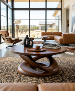 Alternative view of Round Solid Wood Coffee Table with Twisted Sculptural Pedestal
